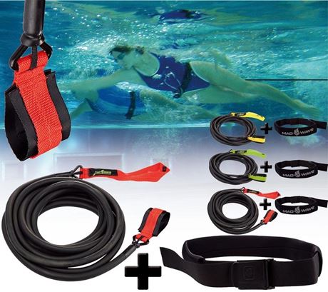 Long elastic cord with neoprene belt tethered swimming By Mad Wave